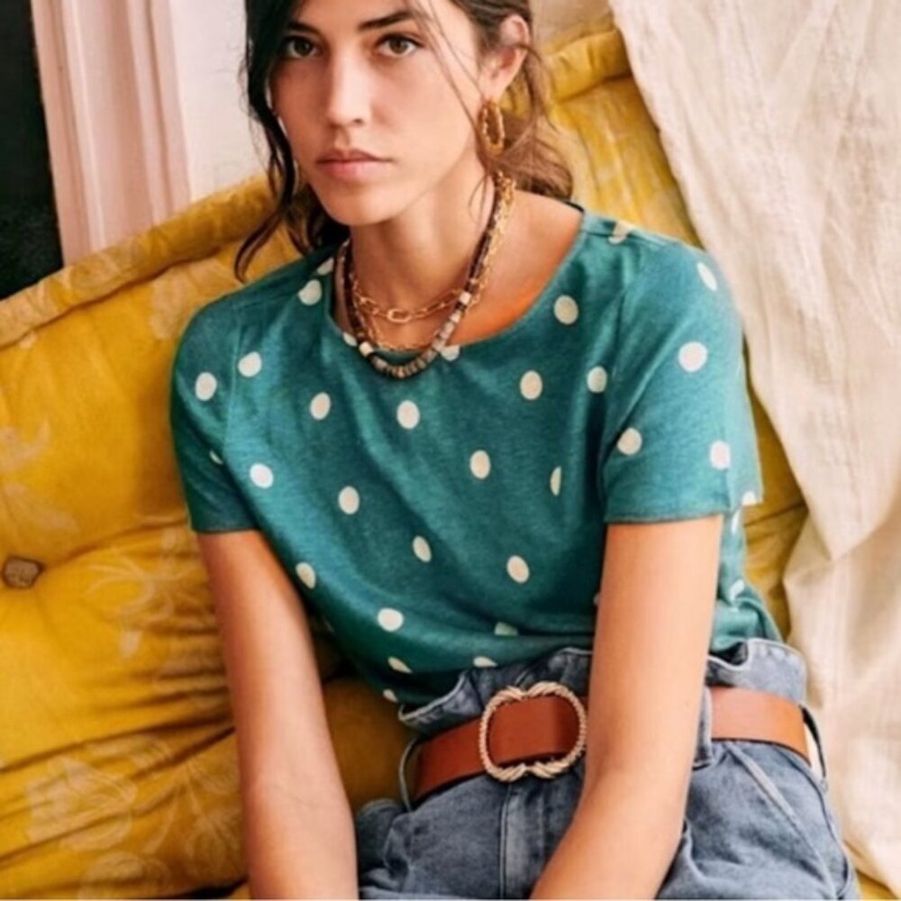 Sezane 100% Linen Andre T-Shirt Green White Polka Dots Size Medium Tee Blouse M